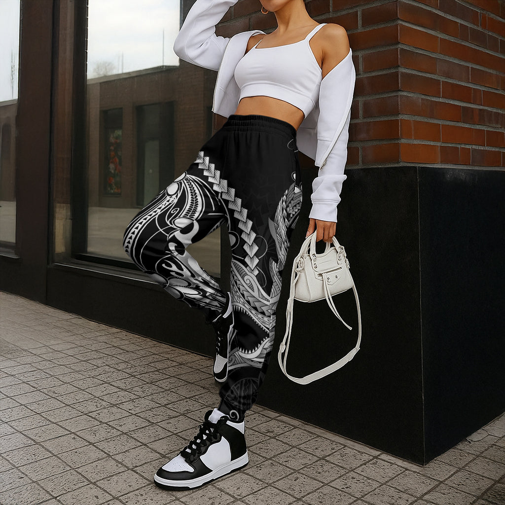 Black Aloha Hawaii Jogger Pants Polynesian Shark Tattoo With Plumeria LT14 - Polynesian Pride