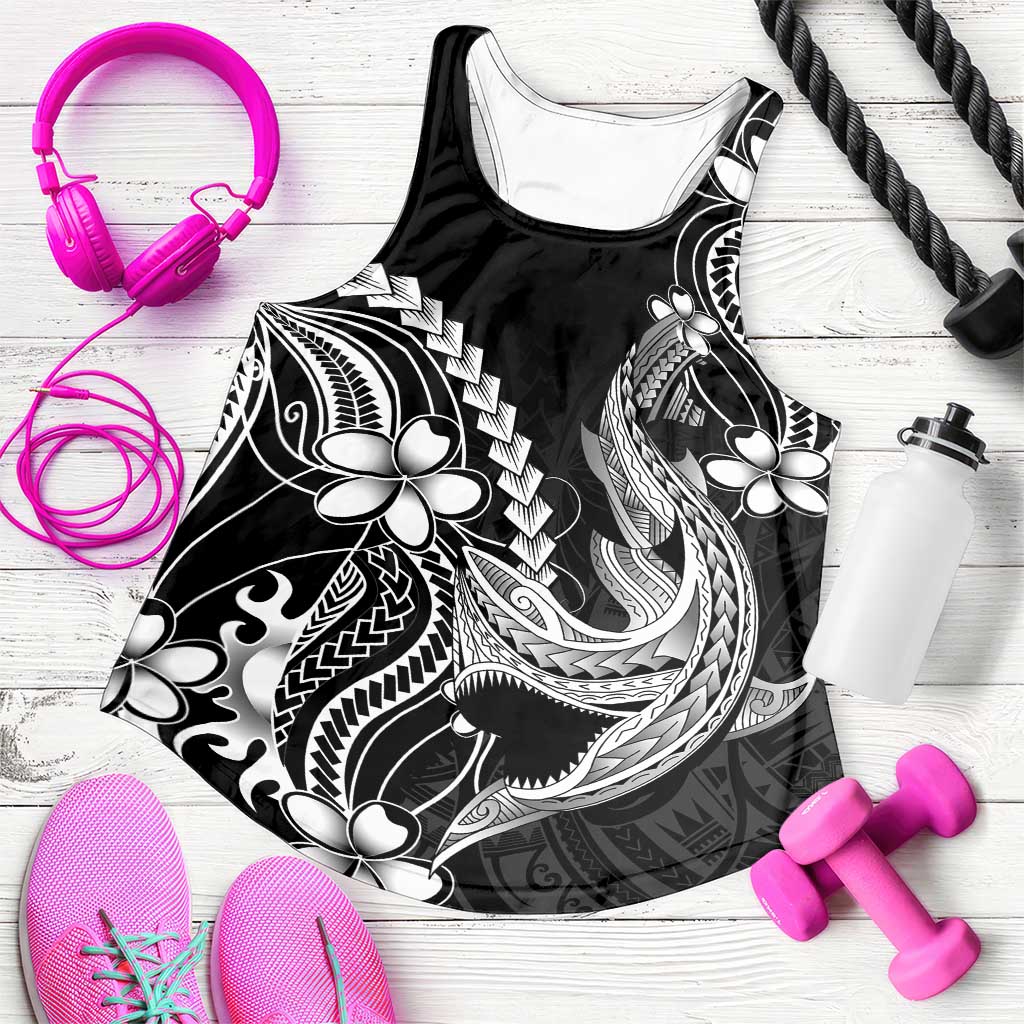 Black Aloha Hawaii Women Racerback Tank Polynesian Shark Tattoo With Plumeria LT14 Black - Polynesian Pride