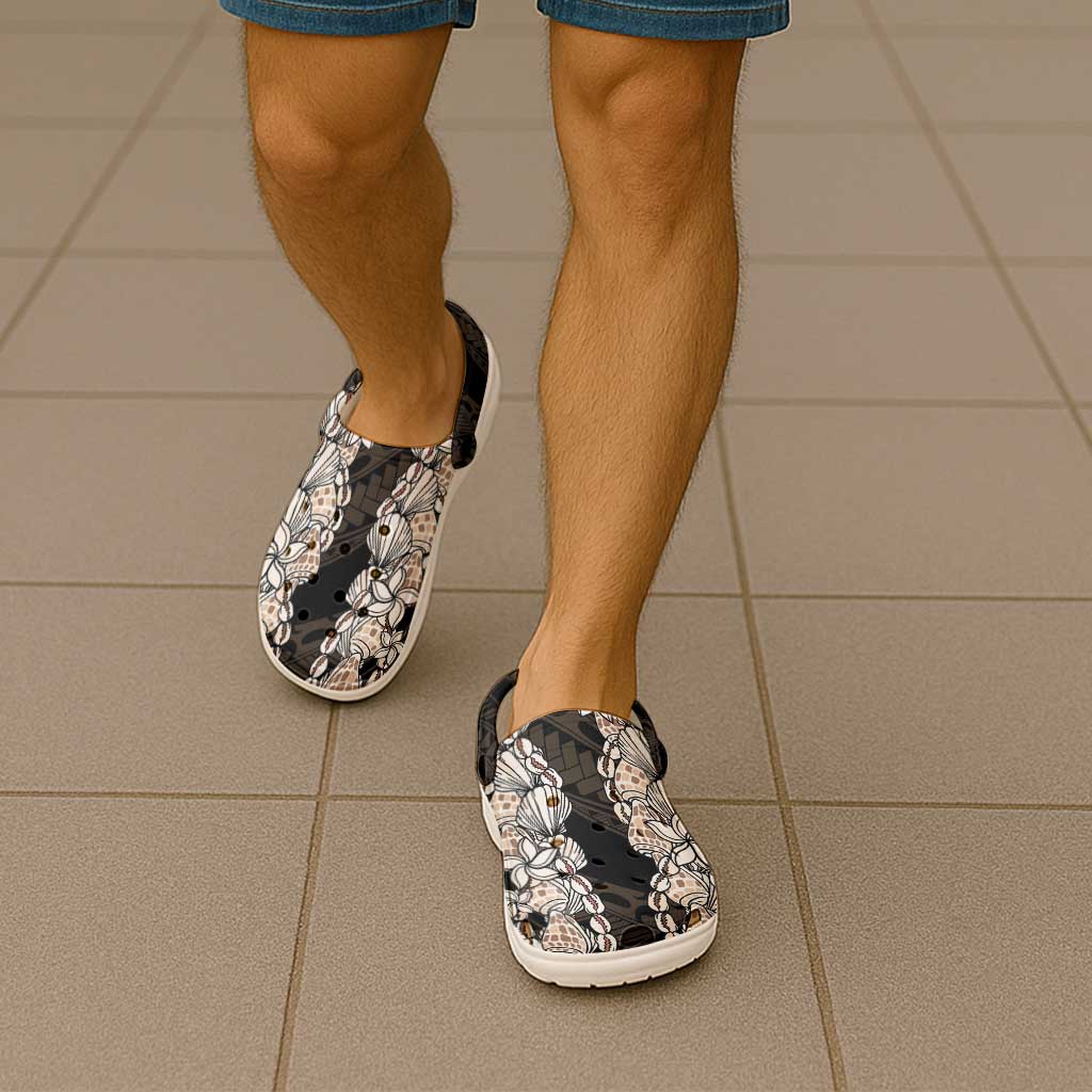 Black and Beige Hawaii Shell Lei Clogs Shoes Hawaiian Sunrise Shell Hebrew Cone Plumeria - Polynesian Pride