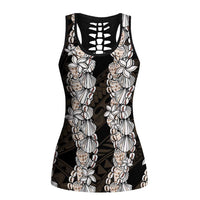 Black and Beige Hawaii Shell Lei Hollow Tank Top Hawaiian Sunrise Shell Hebrew Cone Plumeria - Polynesian Pride