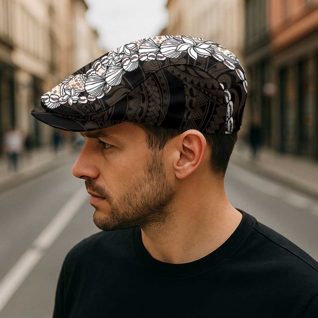 Black and Beige Hawaii Shell Lei Jeff Hat Hawaiian Sunrise Shell Hebrew Cone Plumeria - Polynesian Pride