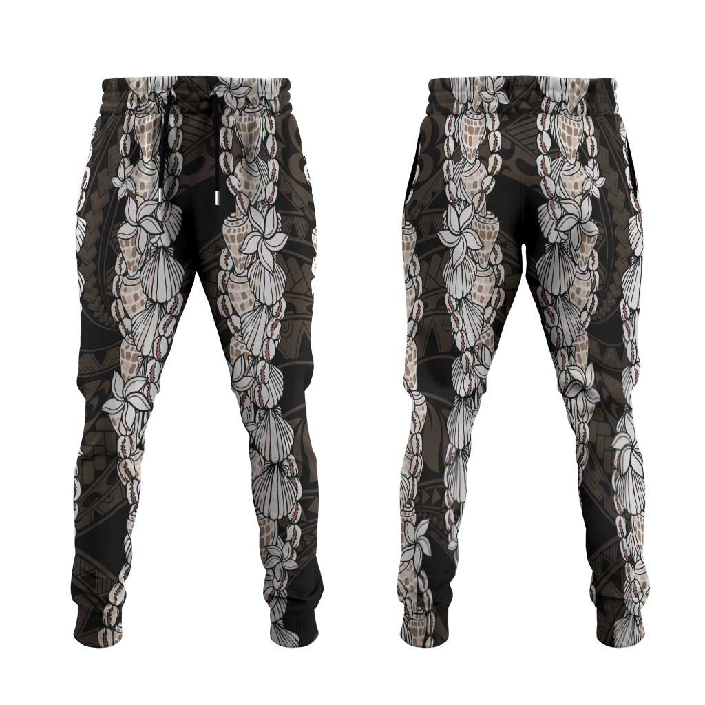 Black and Beige Hawaii Shell Lei Jogger Pants Hawaiian Sunrise Shell Hebrew Cone Plumeria - Polynesian Pride