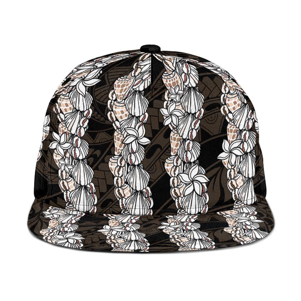Black and Beige Hawaii Shell Lei Snapback Cap Hawaiian Sunrise Shell Hebrew Cone Plumeria - Polynesian Pride