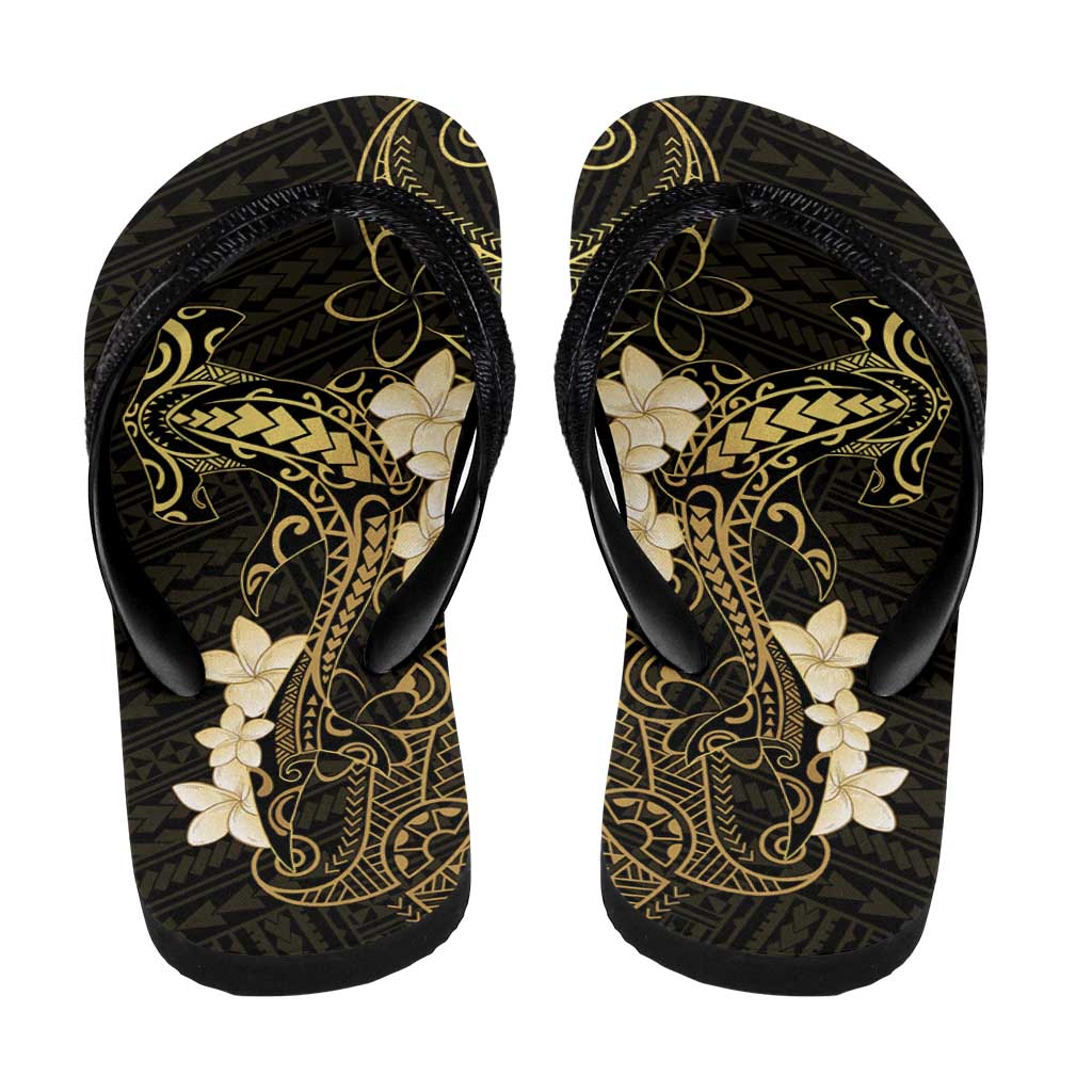 Black and Gold Hawaii Flip Flops Hammerhead Shark Tattoo Curve Polynesian - Polynesian Pride