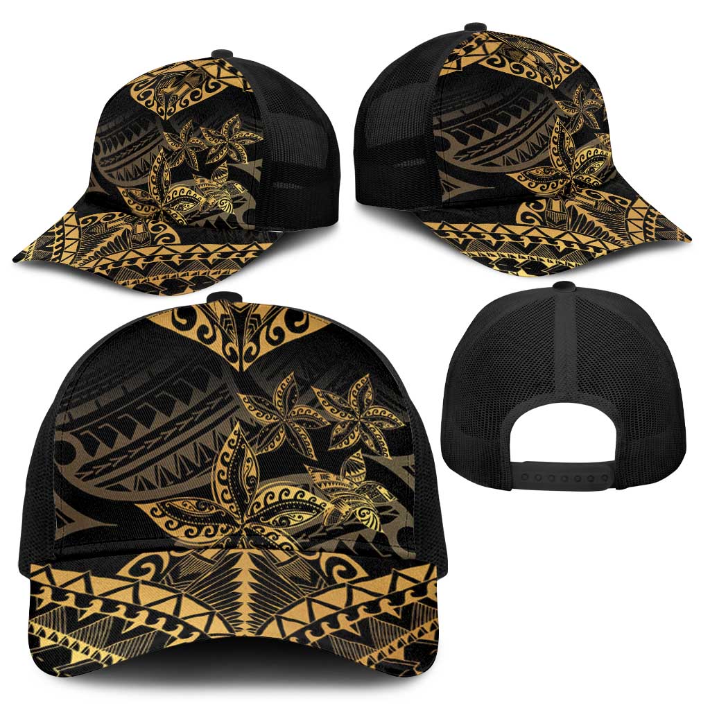 Black and Gold Polynesia Baseball Net Cap Plumeria Tattoo With Polynesian Pattern - Polynesian Pride