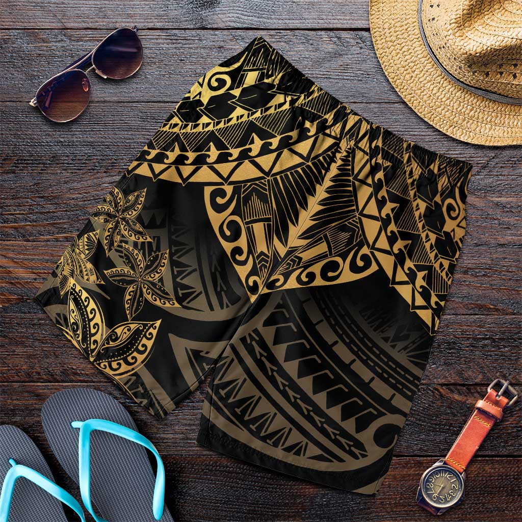 Black and Gold Polynesia Shorts for Men Plumeria Tattoo With Polynesian Pattern LT14 Black - Polynesian Pride