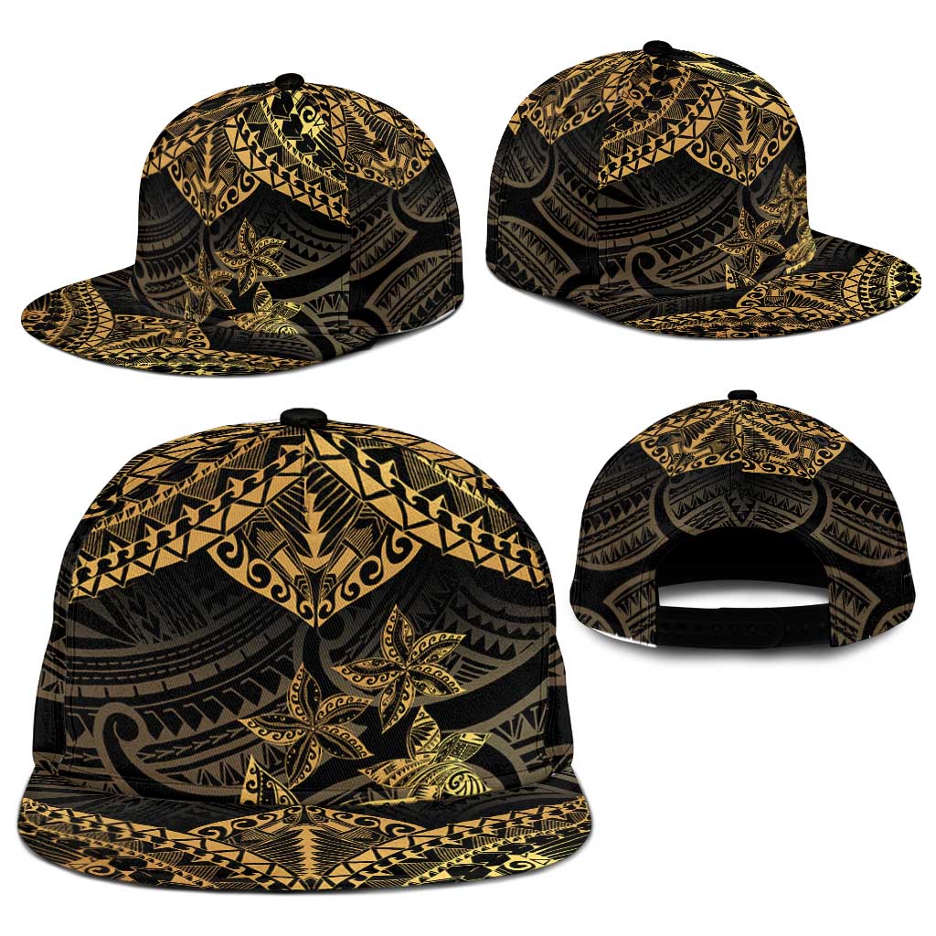 Black and Gold Polynesia Snapback Cap Plumeria Tattoo With Polynesian Pattern - Polynesian Pride
