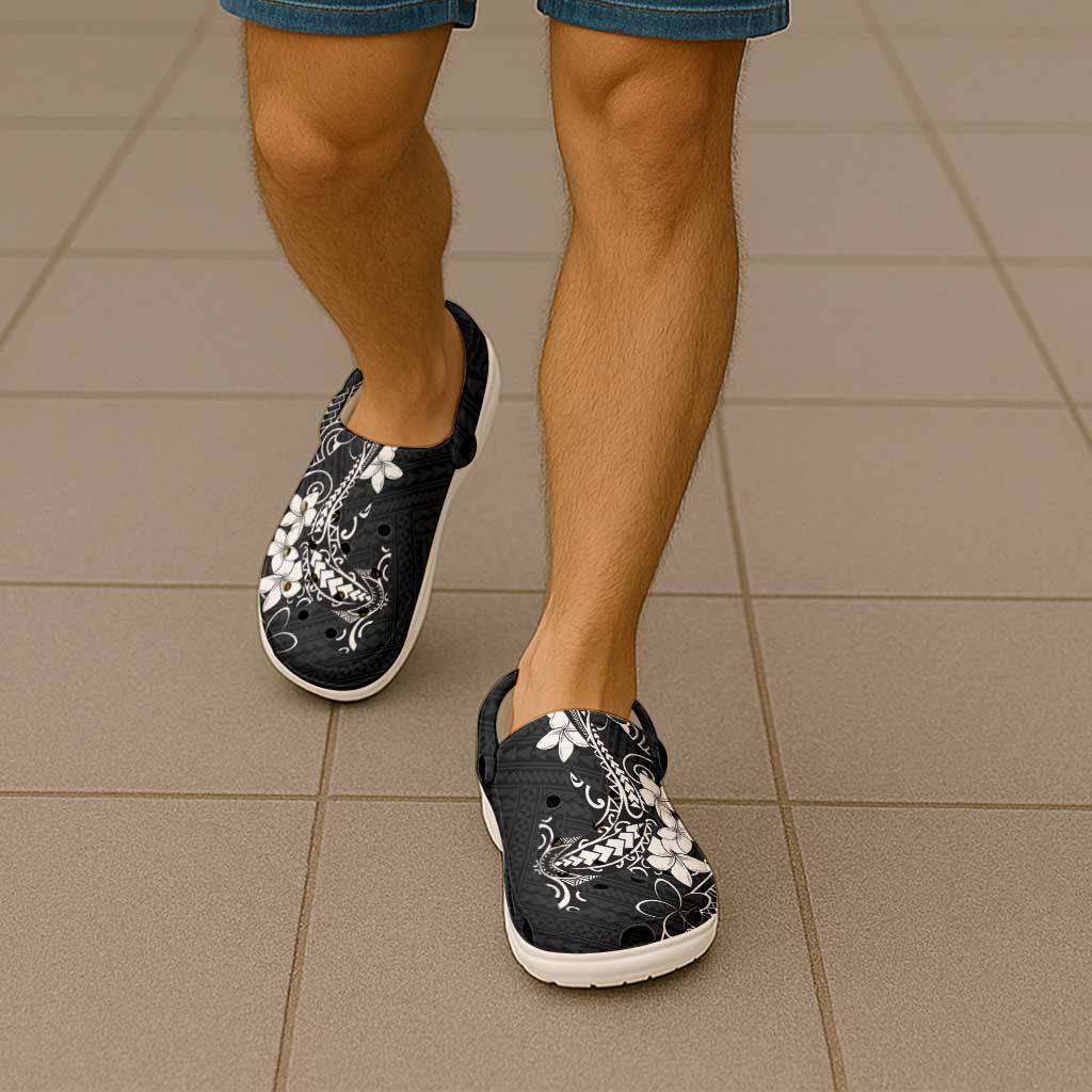 Black Hawaii Clogs Shoes Hammerhead Shark Tattoo Curve Polynesian - Polynesian Pride