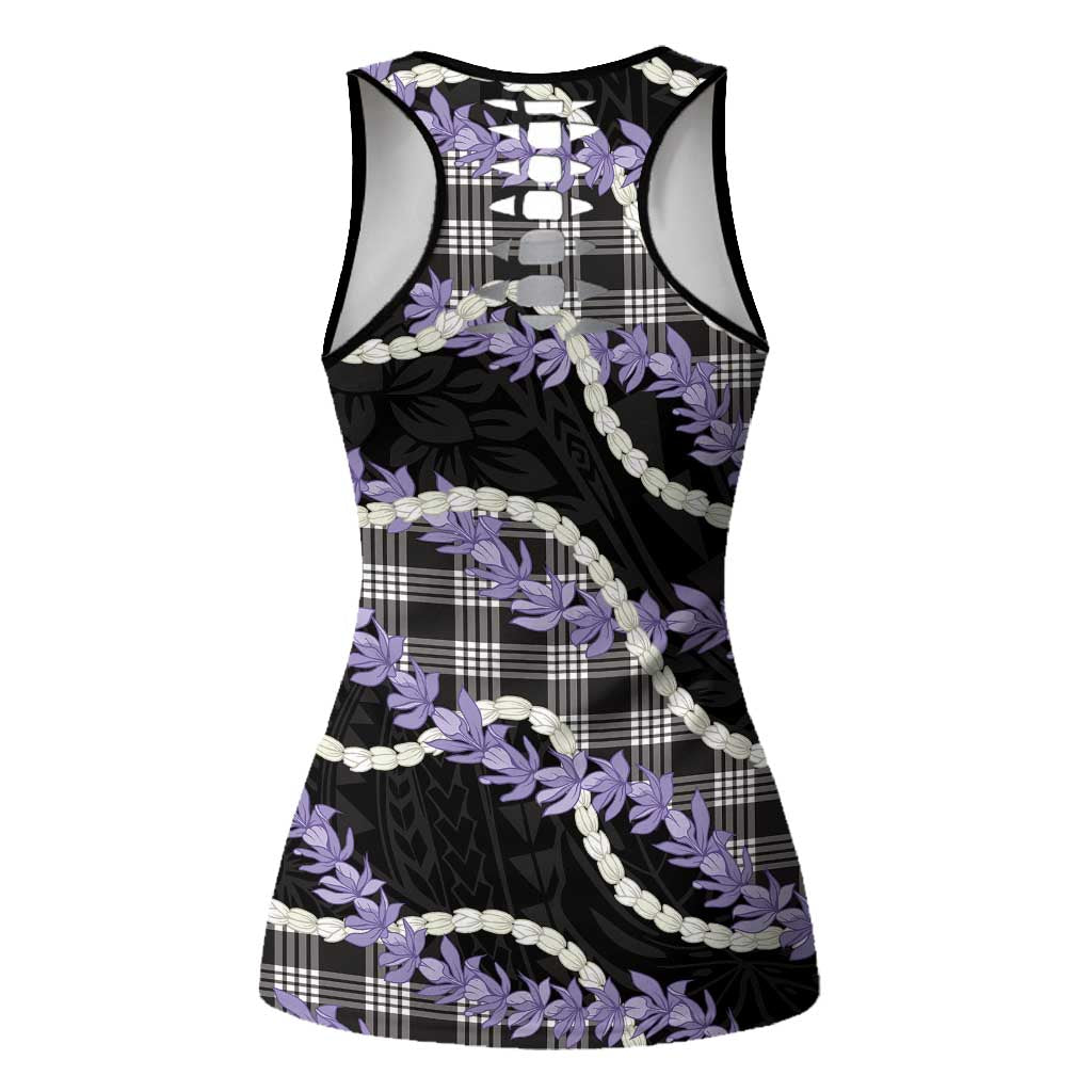 Black Hawaii Palaka Honohono Pikake Hollow Tank Top Hawaiian Orchid Lei Polynesian Pattern LT14 - Polynesian Pride
