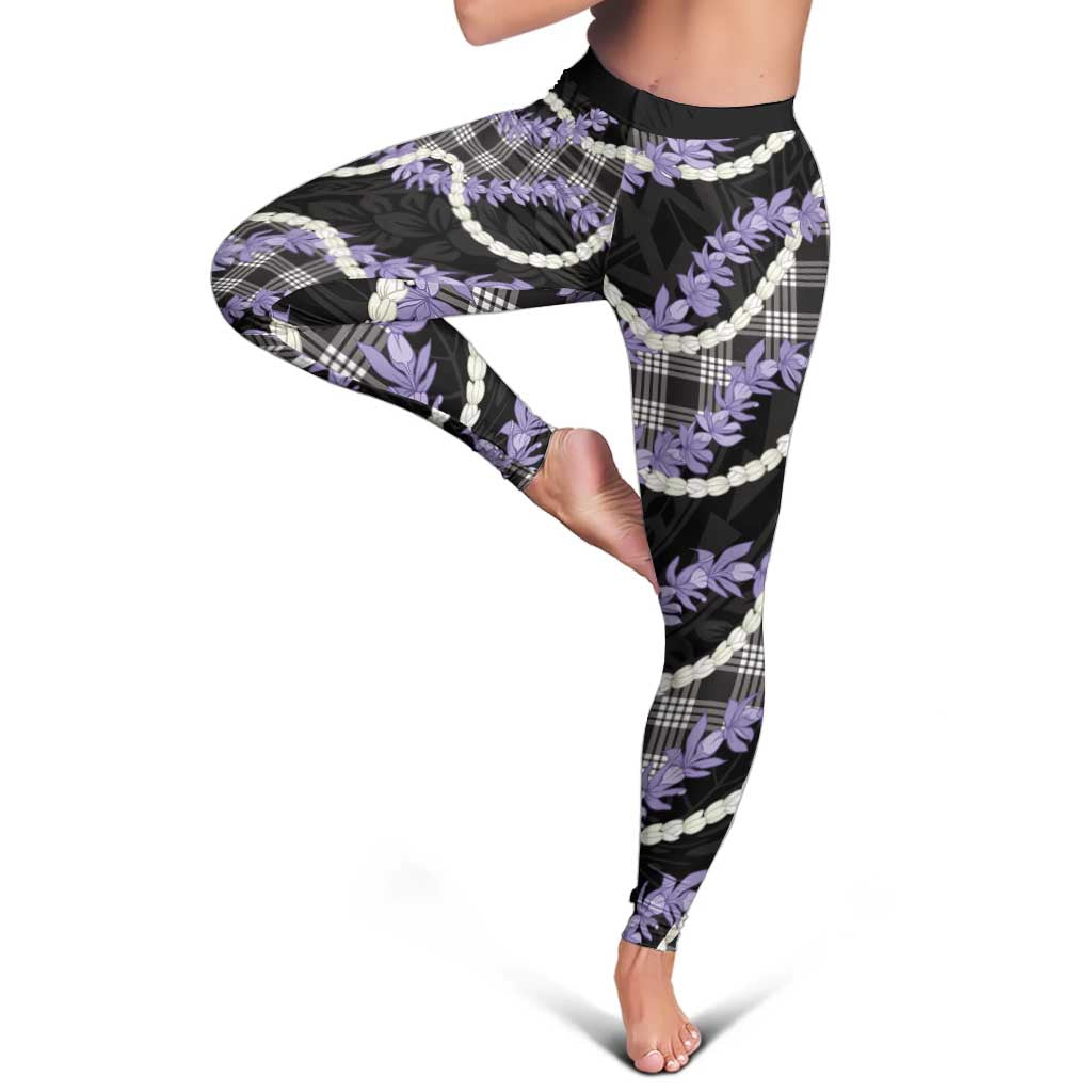 Black Hawaii Palaka Honohono Pikake Leggings Hawaiian Orchid Lei Polynesian Pattern - Polynesian Pride