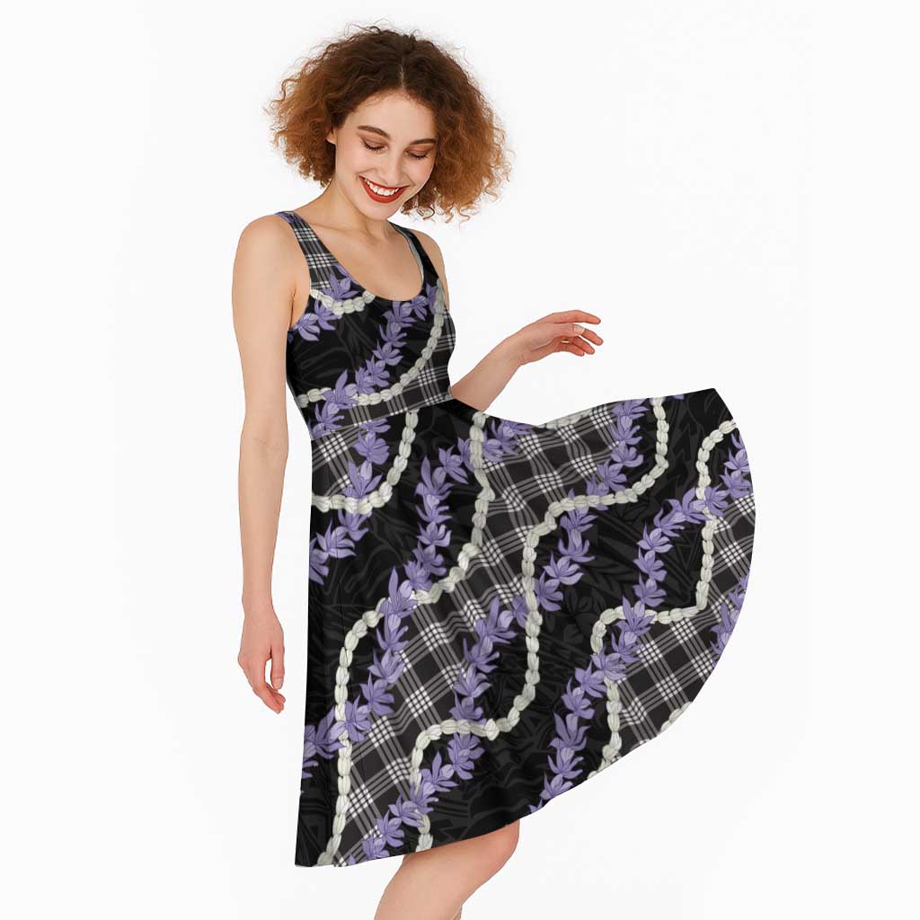 Black Hawaii Palaka Honohono Pikake Midi Dress Hawaiian Orchid Lei Polynesian Pattern - Polynesian Pride