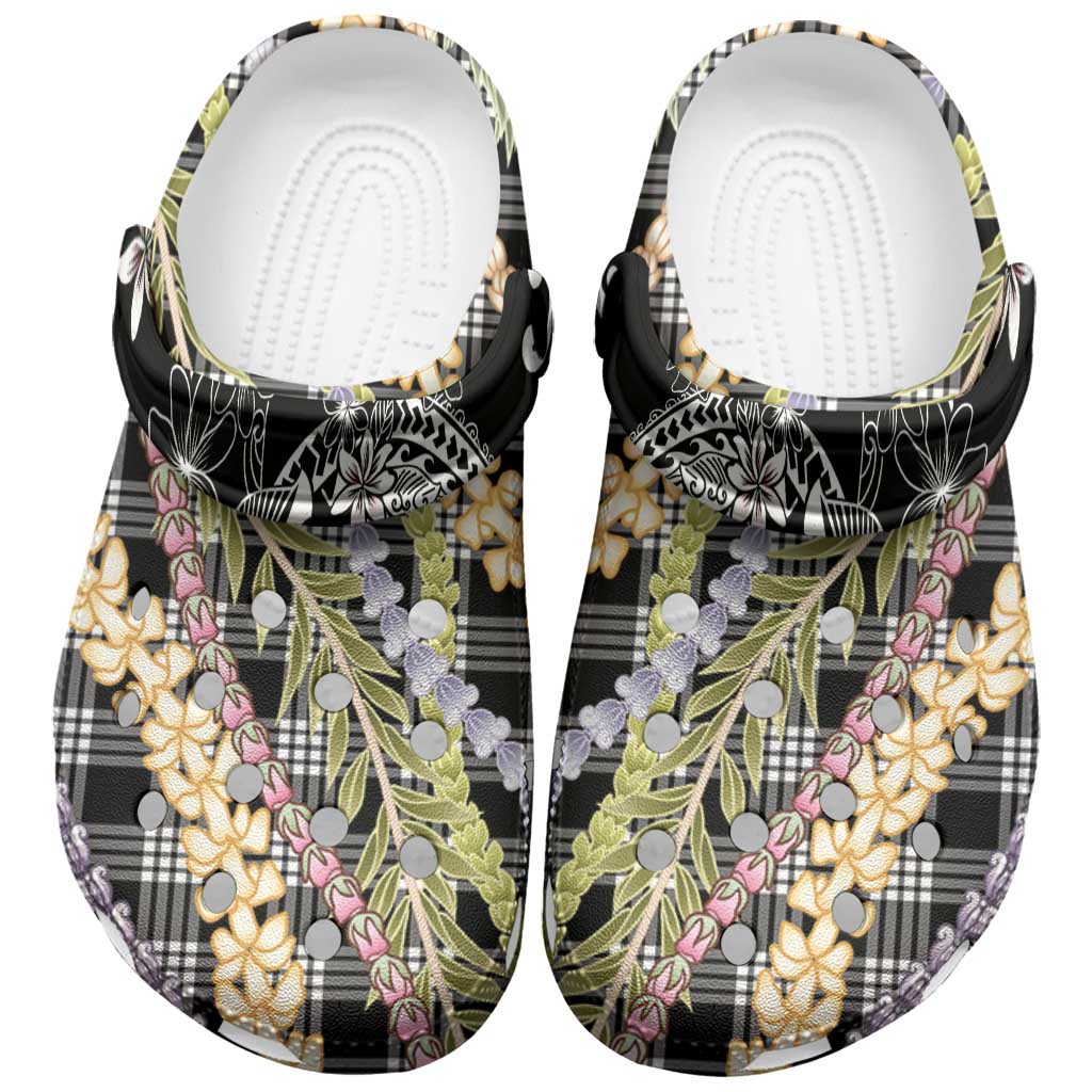 Black Palaka Hawaii Leis Clogs Shoes - Hawaiian Plaid Elegant Tropical Vibes LT14 Black - Polynesian Pride