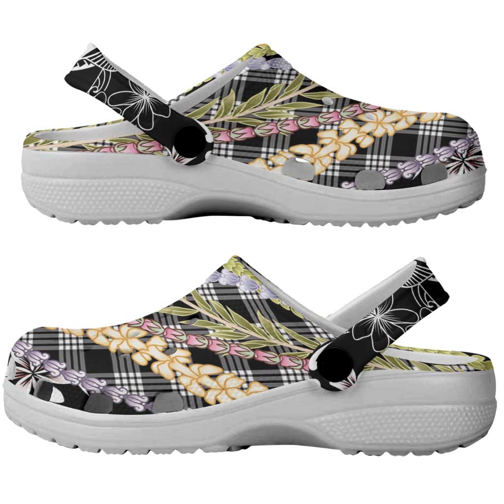 Black Palaka Hawaii Leis Clogs Shoes - Hawaiian Plaid Elegant Tropical Vibes LT14 - Polynesian Pride