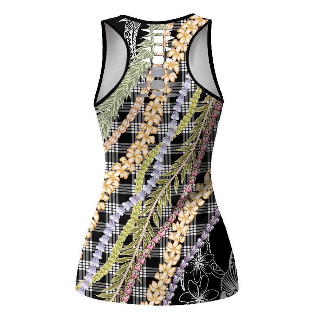 Black Palaka Hawaii Leis Hollow Tank Top - Hawaiian Plaid Elegant Tropical Vibes LT14 - Polynesian Pride