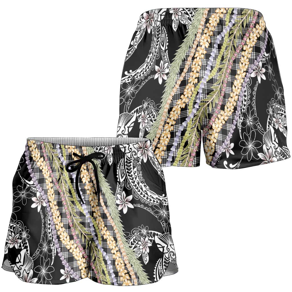Black Palaka Hawaii Leis Shorts for Women Hawaiian-plaid Elegant Tropical Vibes LT14 - Polynesian Pride