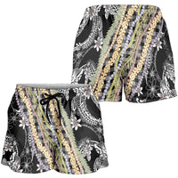 Black Palaka Hawaii Leis Shorts for Women Hawaiian-plaid Elegant Tropical Vibes LT14 - Polynesian Pride