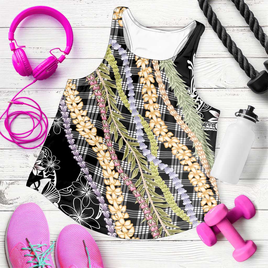 Black Palaka Hawaii Leis Women Racerback Tank Hawaiian-plaid Elegant Tropical Vibes LT14 Black - Polynesian Pride