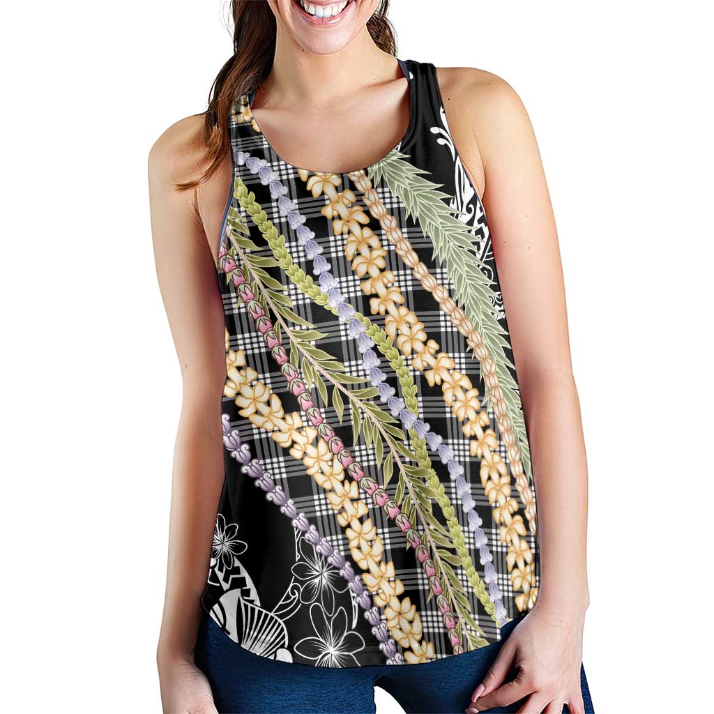 Black Palaka Hawaii Leis Women Racerback Tank Hawaiian-plaid Elegant Tropical Vibes LT14 - Polynesian Pride
