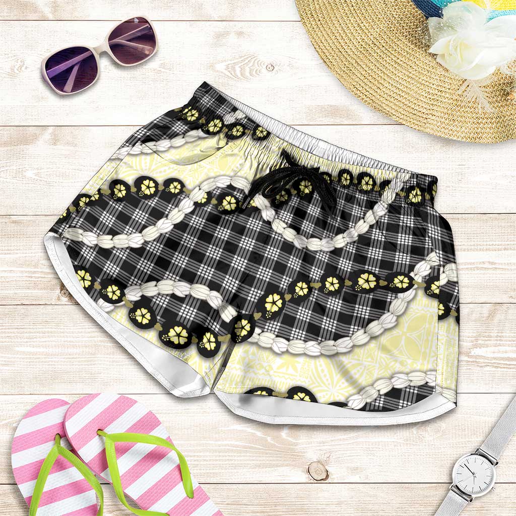 Black Palaka Hawaii Shorts for Women Kukui Nut Pikake Lei Hawaiian Tapa Pattern LT14 Black - Polynesian Pride