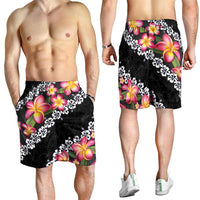 Black Polynesia Shorts for Men Plumeria With Hibiscus Pattern Tropical Vibes LT14 - Polynesian Pride