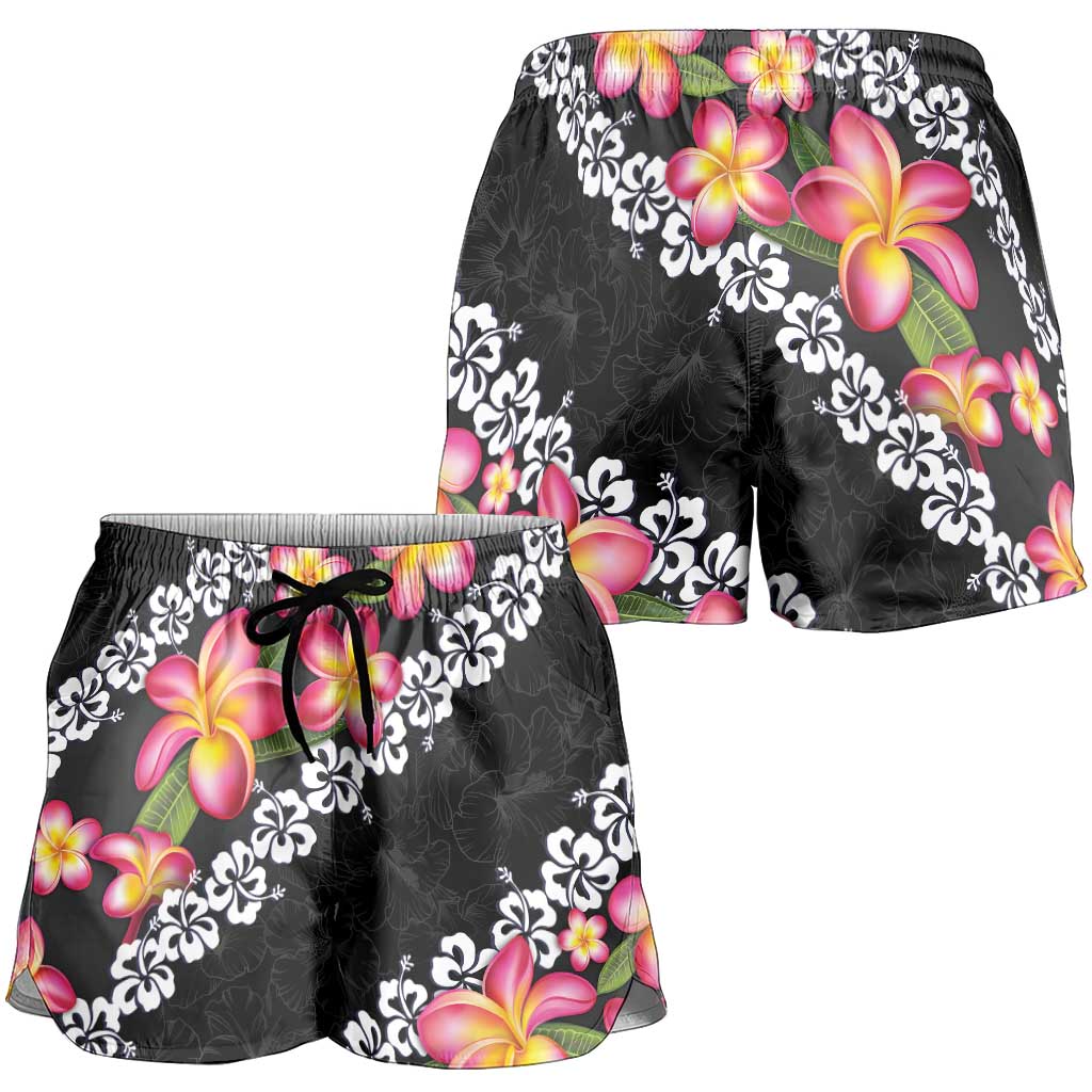 Black Polynesia Shorts for Women Plumeria With Hibiscus Pattern Tropical Vibes LT14 - Polynesian Pride