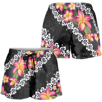 Black Polynesia Shorts for Women Plumeria With Hibiscus Pattern Tropical Vibes LT14 - Polynesian Pride
