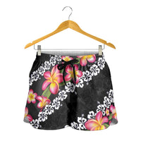 Black Polynesia Shorts for Women Plumeria With Hibiscus Pattern Tropical Vibes LT14 - Polynesian Pride