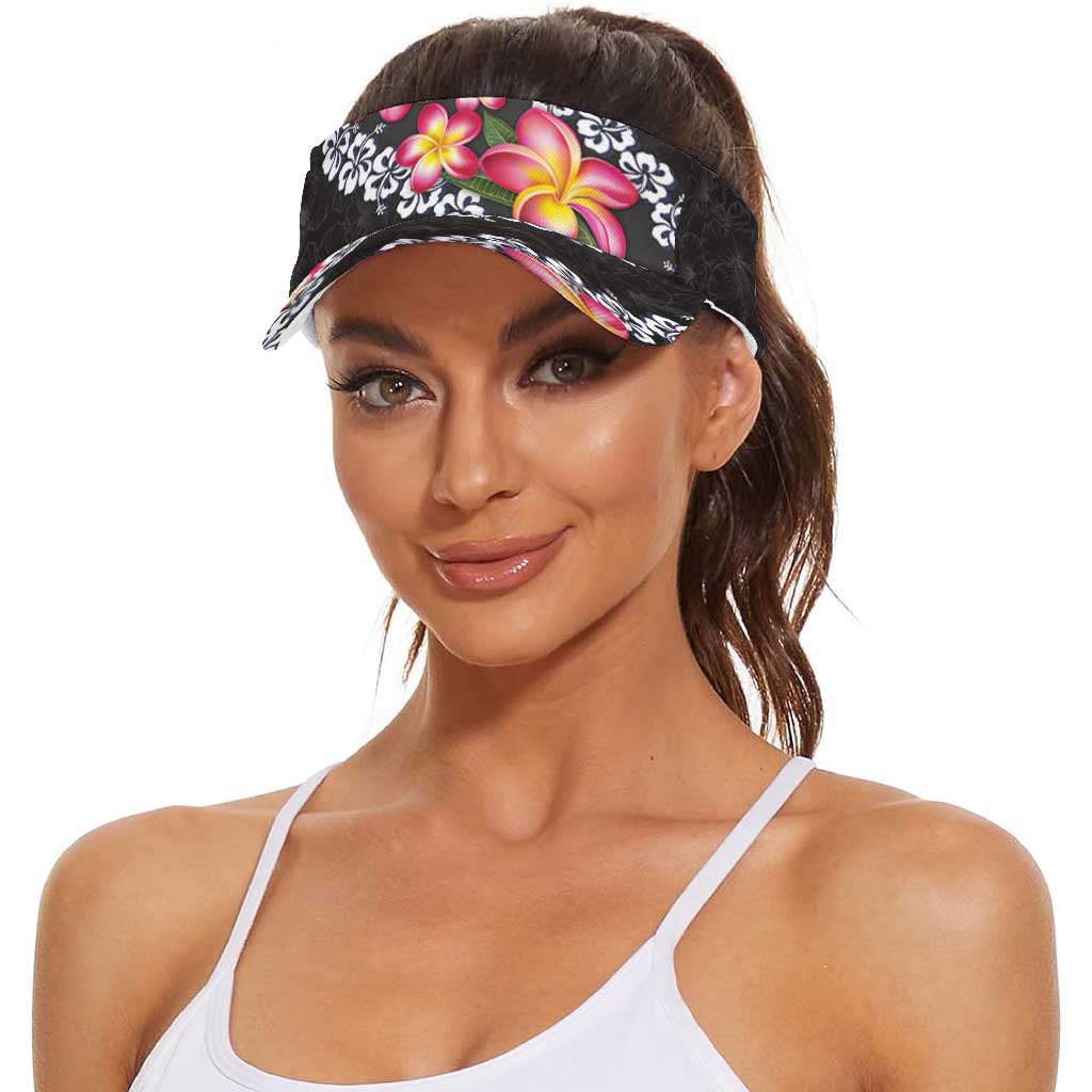 Black Polynesia Sun Visor Cap Plumeria With Hibiscus Pattern Tropical Vibes