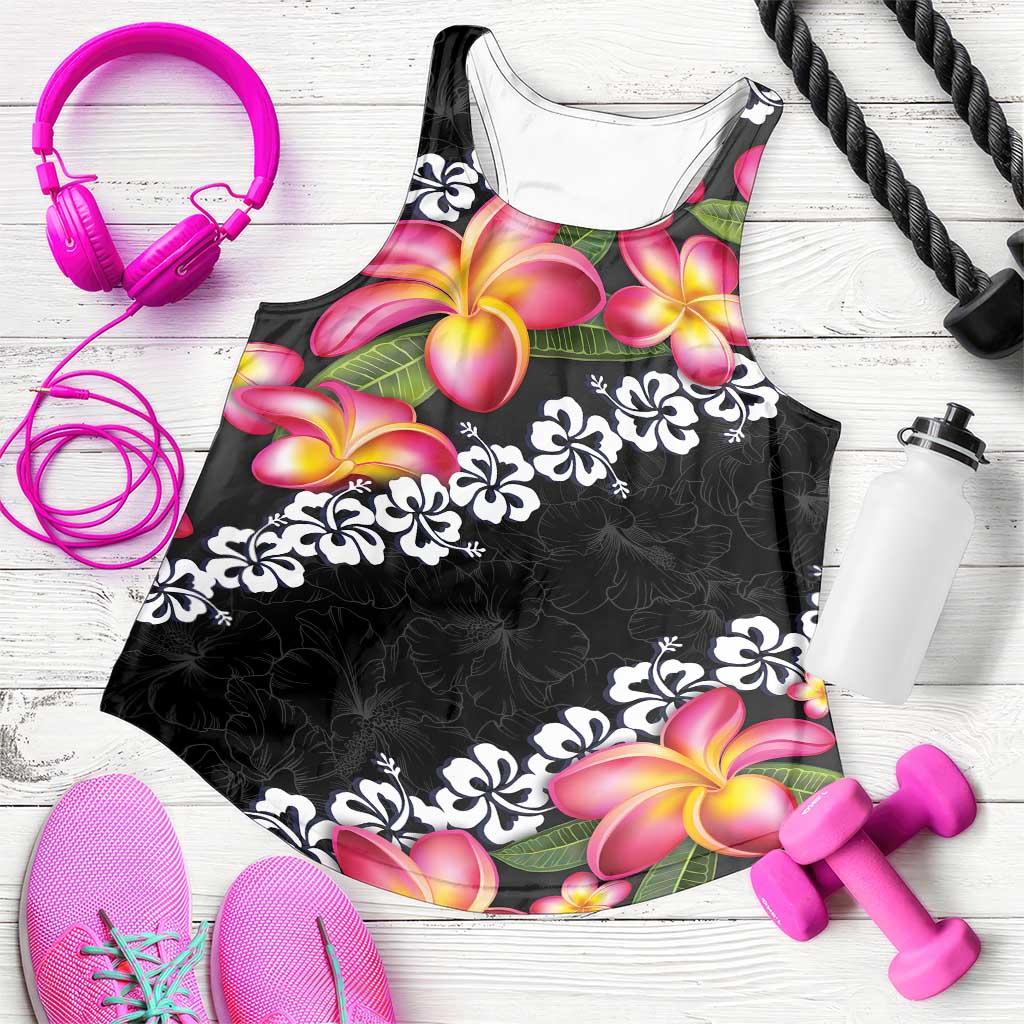 Black Polynesia Women Racerback Tank Plumeria With Hibiscus Pattern Tropical Vibes - Polynesian Pride