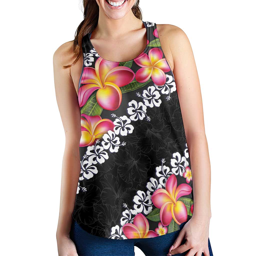 Black Polynesia Women Racerback Tank Plumeria With Hibiscus Pattern Tropical Vibes - Polynesian Pride
