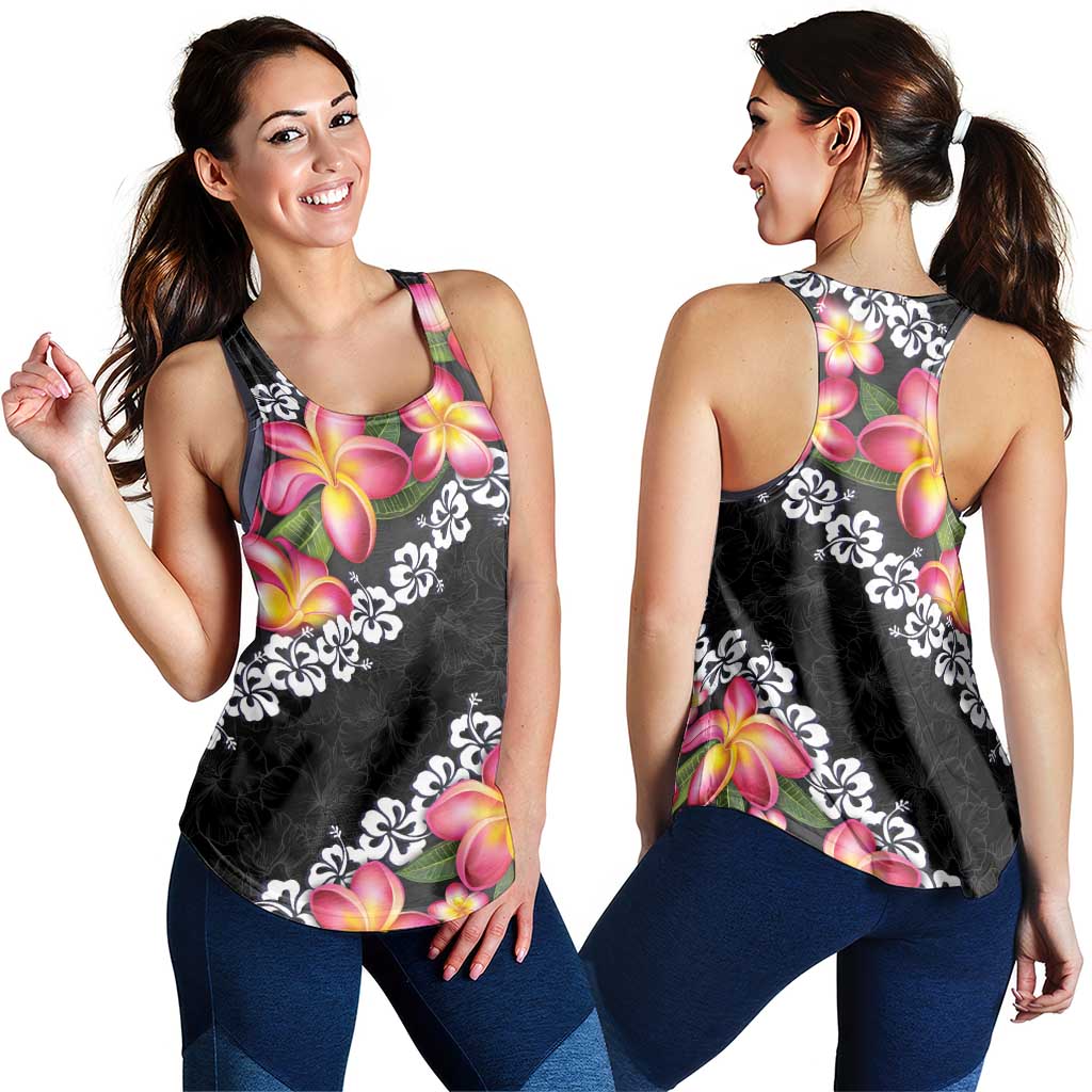 Black Polynesia Women Racerback Tank Plumeria With Hibiscus Pattern Tropical Vibes - Polynesian Pride