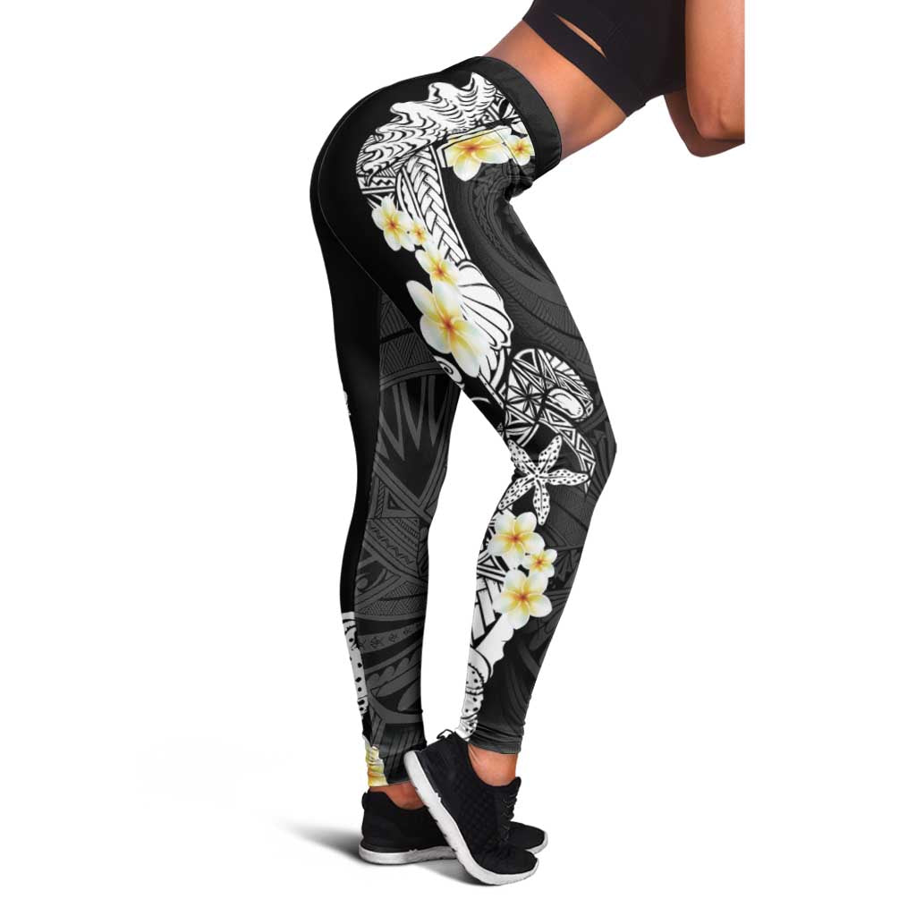 Black Samoa Tattoo Leggings Plumeria Samoan Ocean Tatau Pattern - Polynesian Pride
