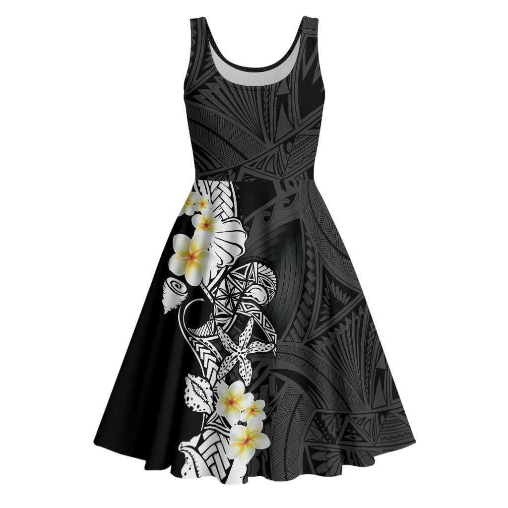 Black Samoa Tattoo Midi Dress Plumeria Samoan Ocean Tatau Pattern - Polynesian Pride
