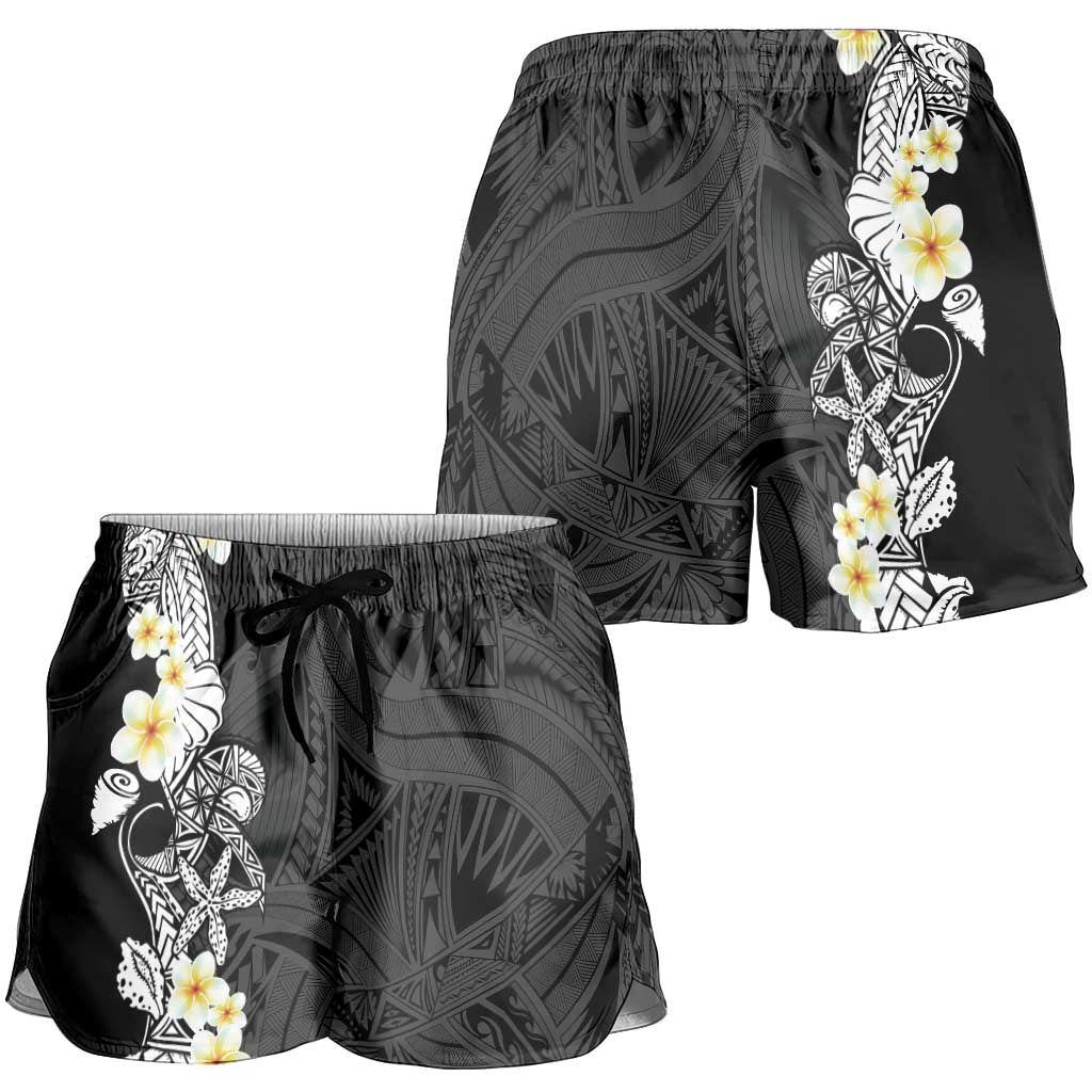 Black Samoa Tattoo Shorts for Women Plumeria Samoan Ocean Tatau Pattern LT14 - Polynesian Pride