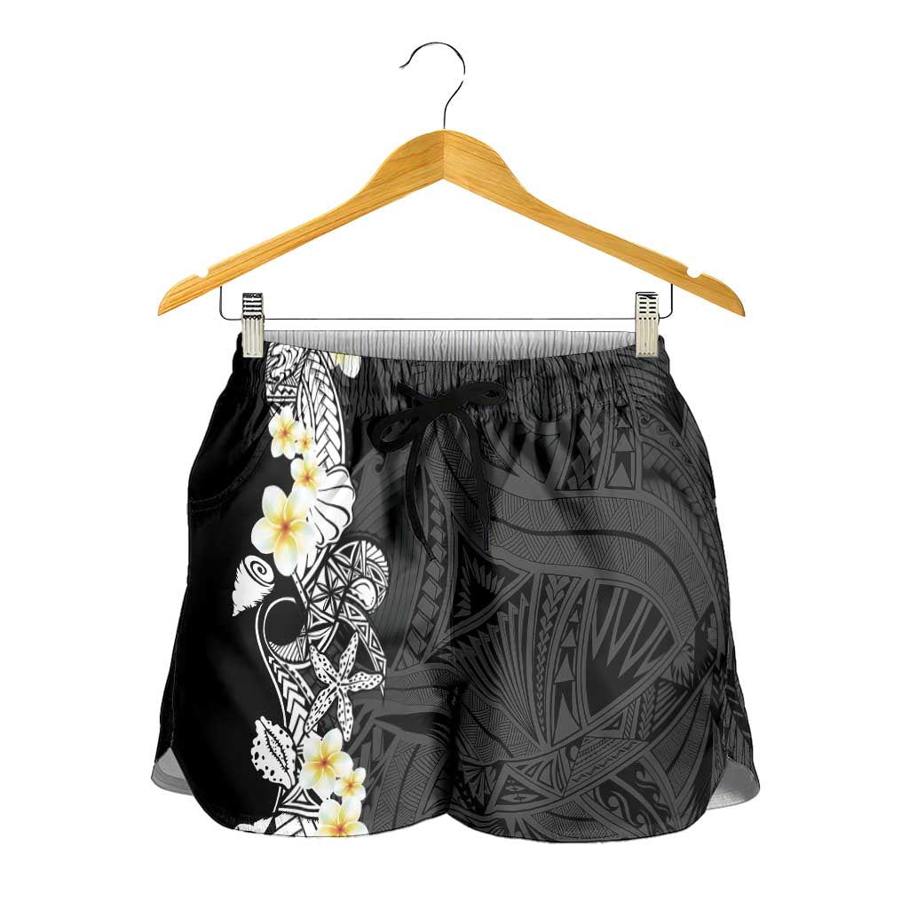 Black Samoa Tattoo Shorts for Women Plumeria Samoan Ocean Tatau Pattern LT14 - Polynesian Pride