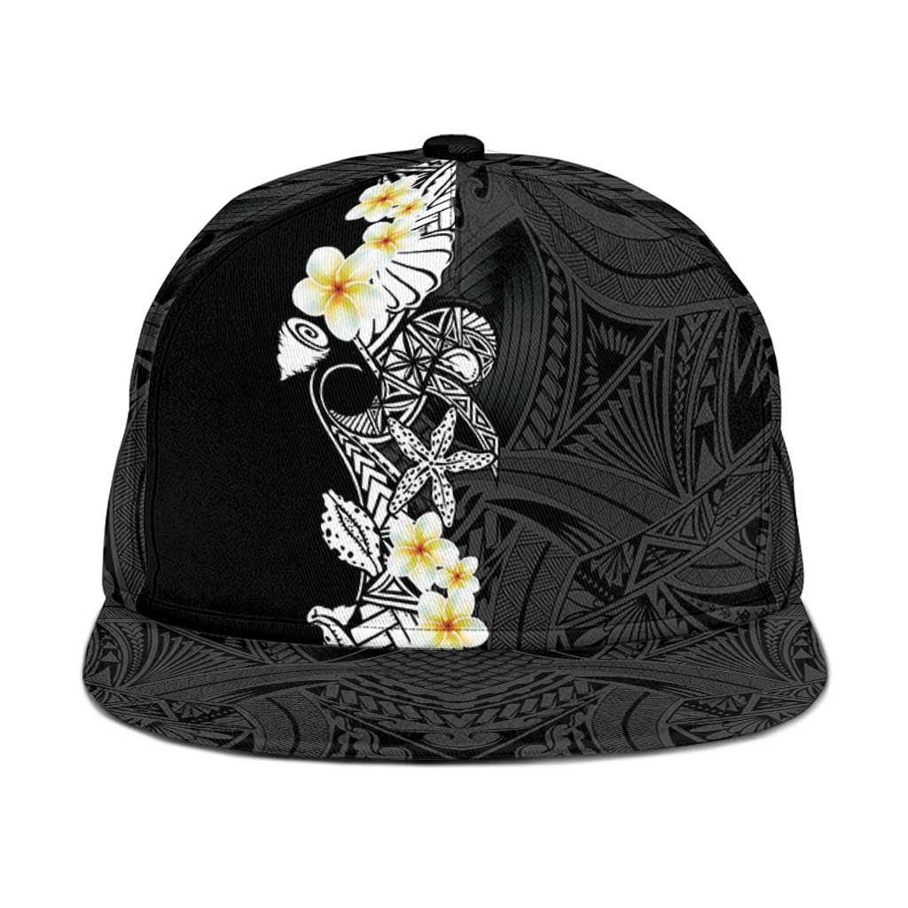 Black Samoa Tattoo Snapback Cap Plumeria Samoan Ocean Tatau Pattern - Polynesian Pride