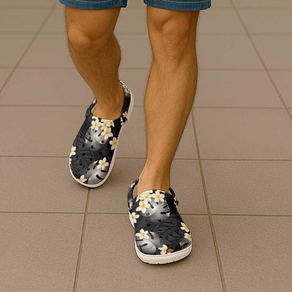 Black Tropical Hawaii Clogs Shoes Seamless Monstera Plumeria Hawaiian Pattern - Polynesian Pride