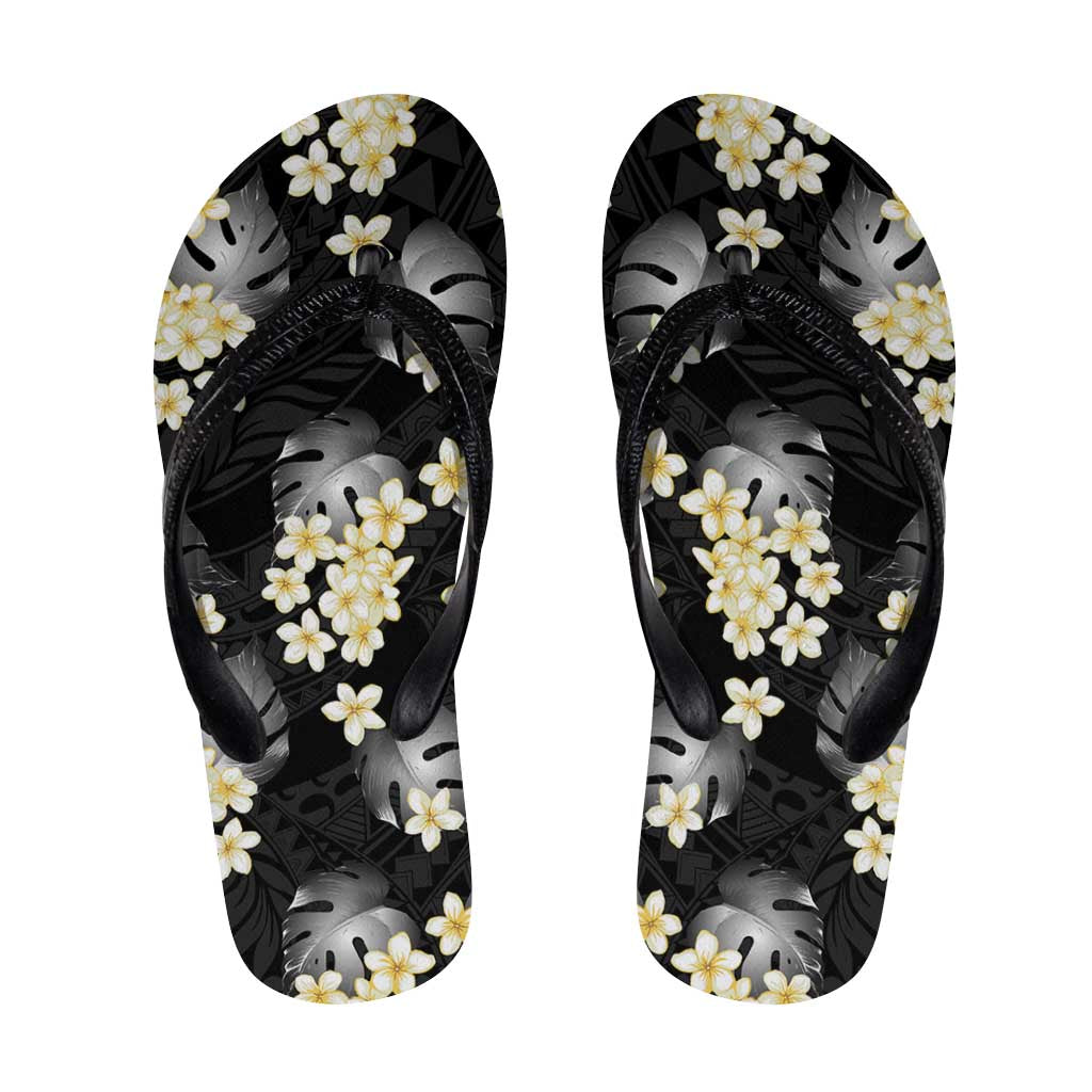 Black Tropical Hawaii Flip Flops Seamless Monstera Plumeria Hawaiian Pattern - Polynesian Pride