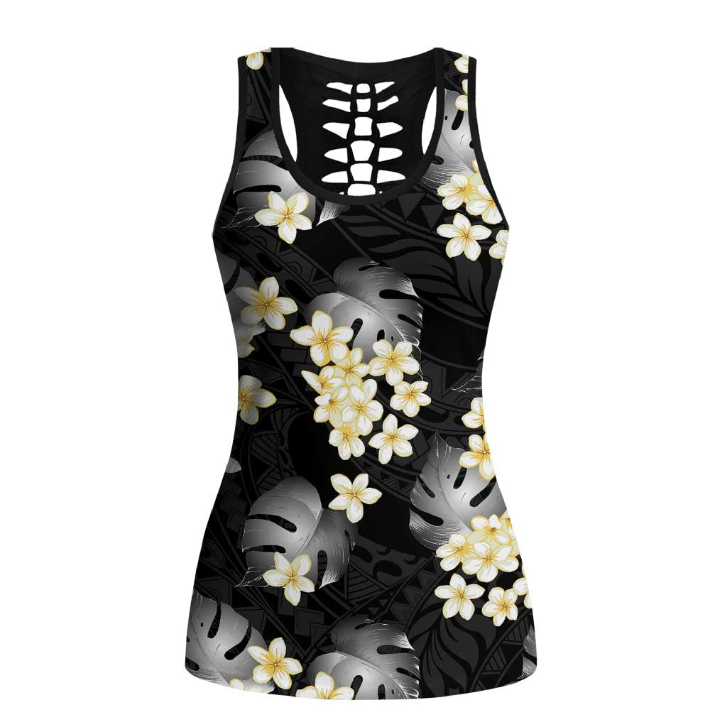 Black Tropical Hawaii Hollow Tank Top Seamless Monstera Plumeria Hawaiian Pattern - Polynesian Pride