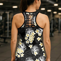 Black Tropical Hawaii Hollow Tank Top Seamless Monstera Plumeria Hawaiian Pattern - Polynesian Pride