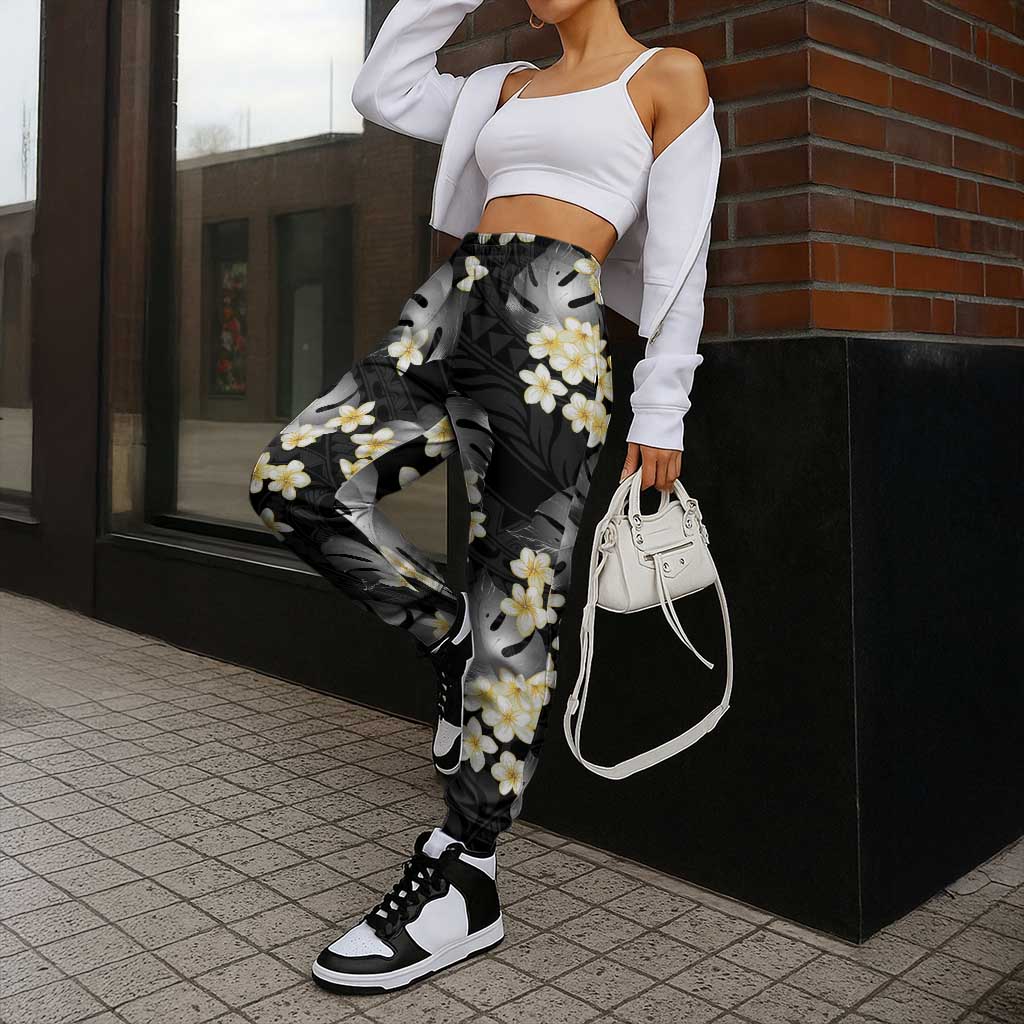 Black Tropical Hawaii Jogger Pants Seamless Monstera Plumeria Hawaiian Pattern - Polynesian Pride