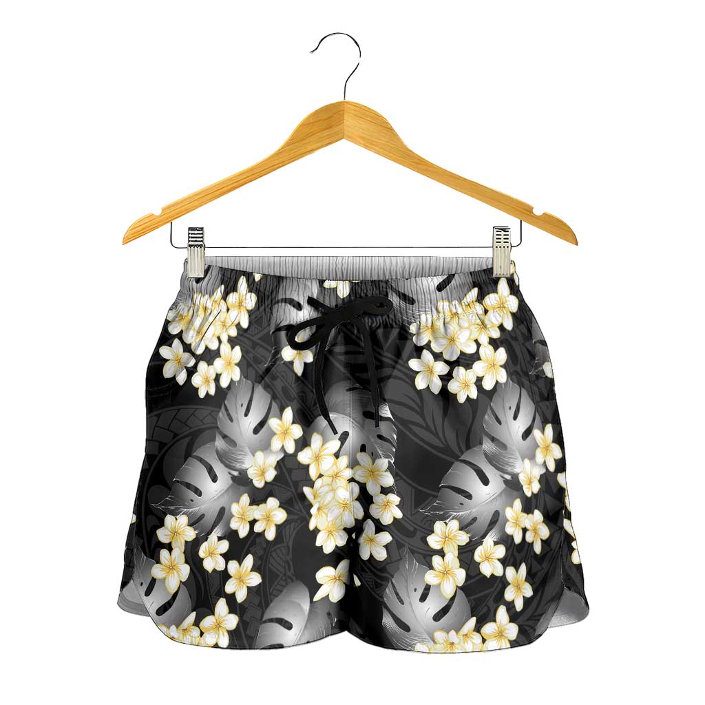 Black Tropical Hawaii Shorts for Women Seamless Monstera Plumeria Hawaiian Pattern - Polynesian Pride