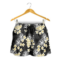 Black Tropical Hawaii Shorts for Women Seamless Monstera Plumeria Hawaiian Pattern - Polynesian Pride