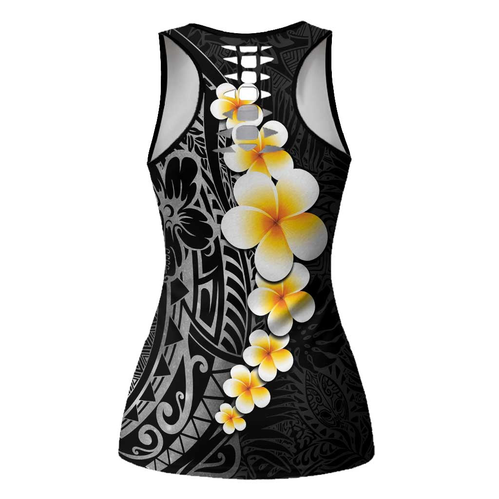 Black Tropical Plumeria With Galaxy Polynesian Art Hollow Tank Top LT14 - Polynesian Pride