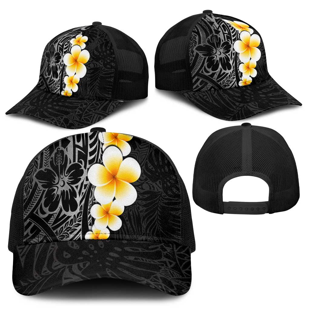 Black Tropical Plumeria With Galaxy Polynesian Art Mesh Trucker Cap - Polynesian Pride