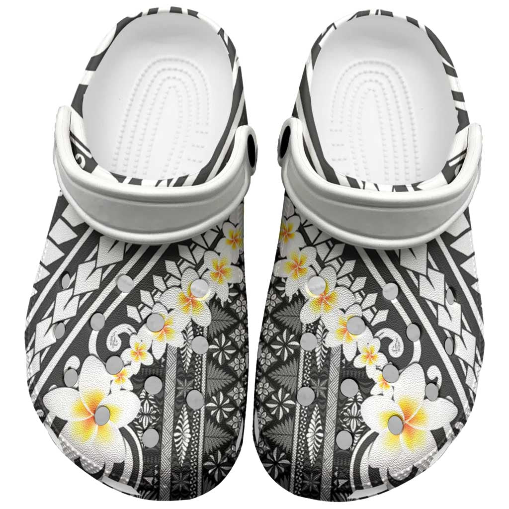 Black Vintage Tonga Ngatu Pattern With Plumeria Clogs Shoes - Polynesian Pride