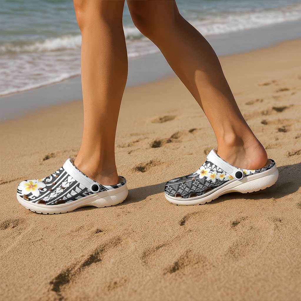 Black Vintage Tonga Ngatu Pattern With Plumeria Clogs Shoes - Polynesian Pride
