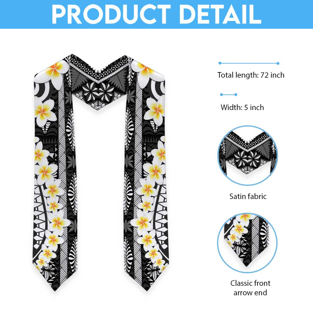 Black Vintage Tonga Ngatu Pattern With Plumeria Graduation Stole LT05 - Polynesian Pride