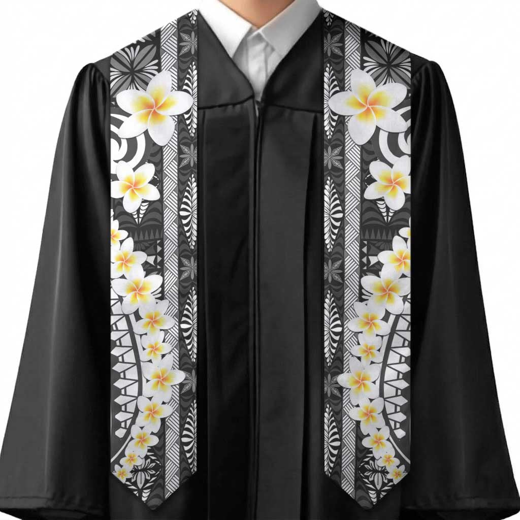 Black Vintage Tonga Ngatu Pattern With Plumeria Graduation Stole LT05 - Polynesian Pride