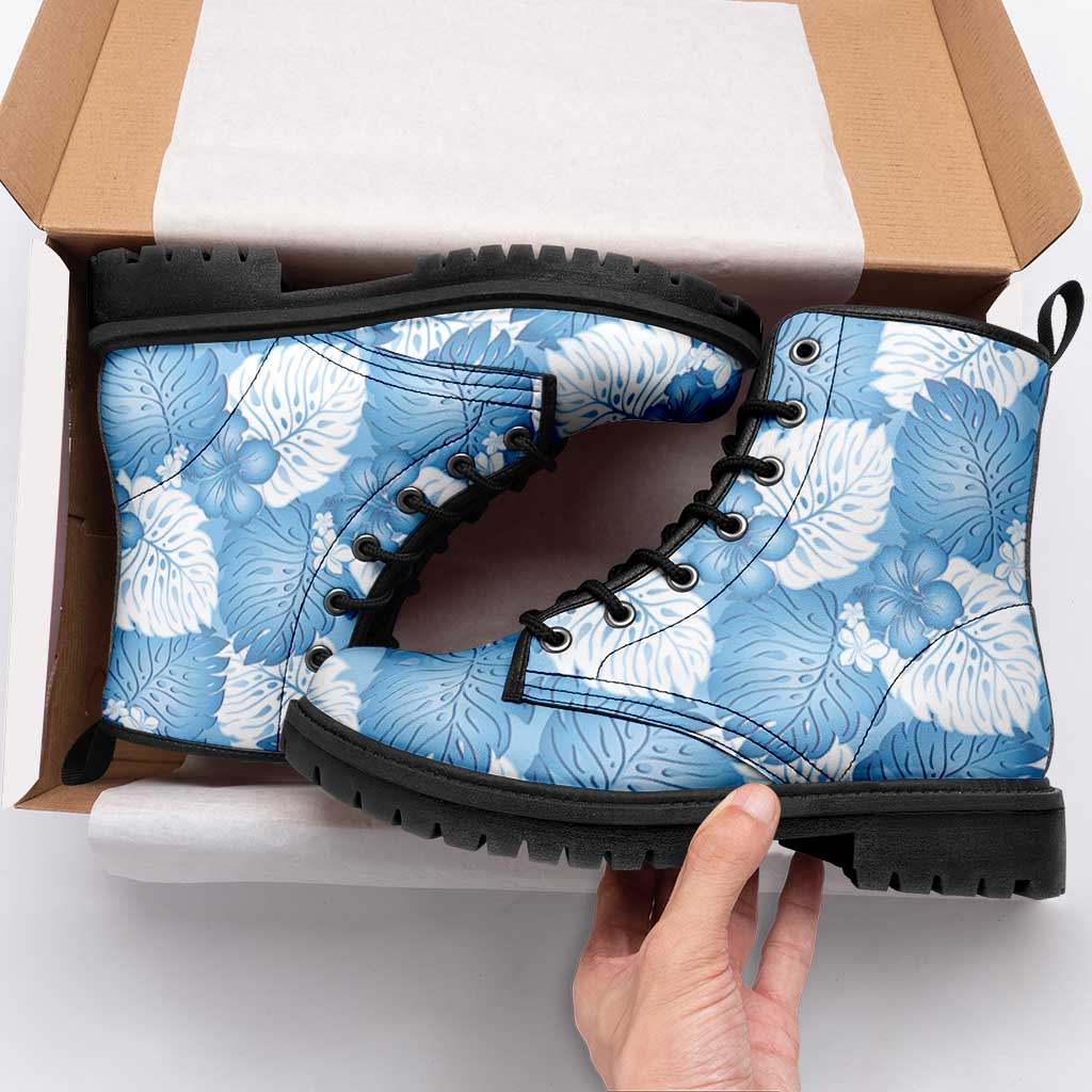 Blue Aloha Hawaii Leather Boots Monstera Hibiscus Plumeria Seamless Vibes - Polynesian Pride